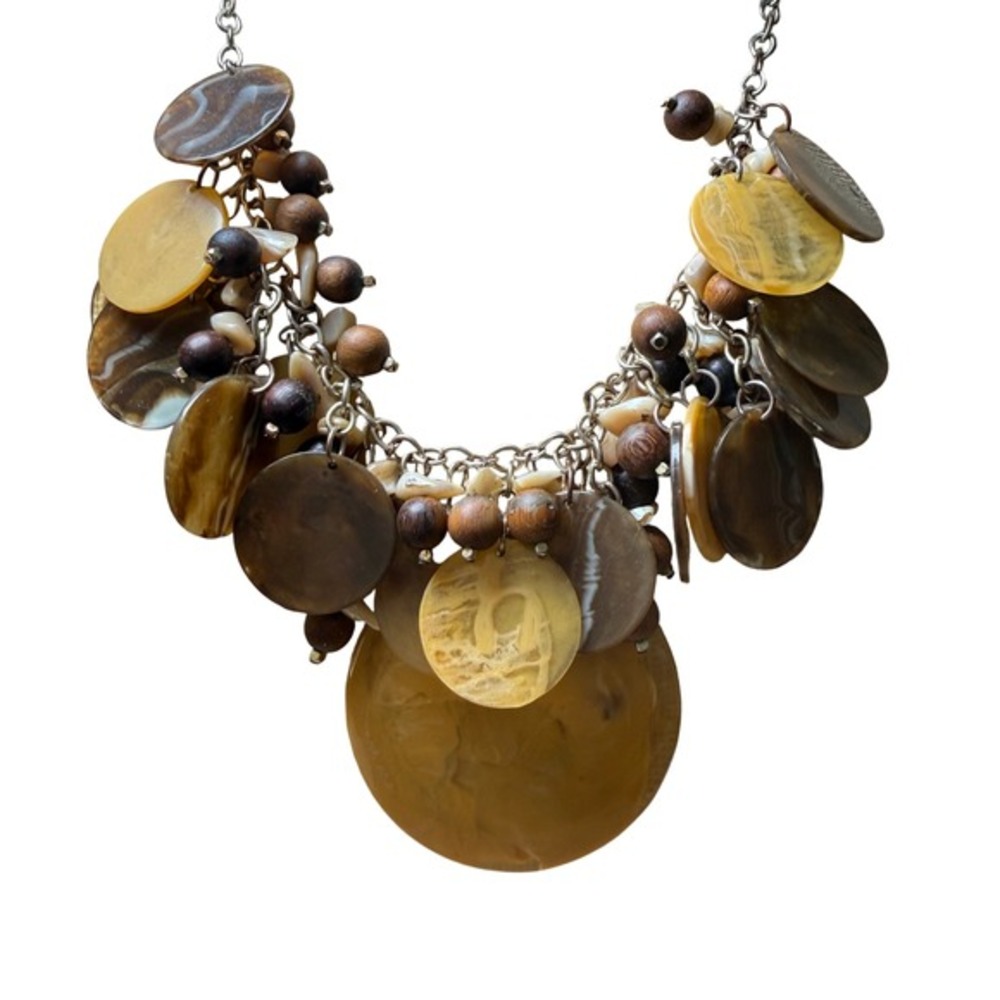 Chico's Statement Bib Necklace Brown Amber Resin Wood‎ Shell Beads